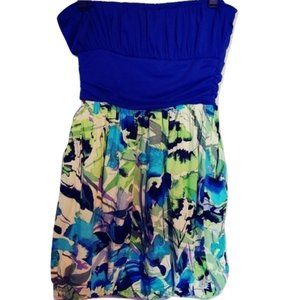 Cherry Krave Skater Dress - Blue Strapless, Floral Puff Skirt Y2K